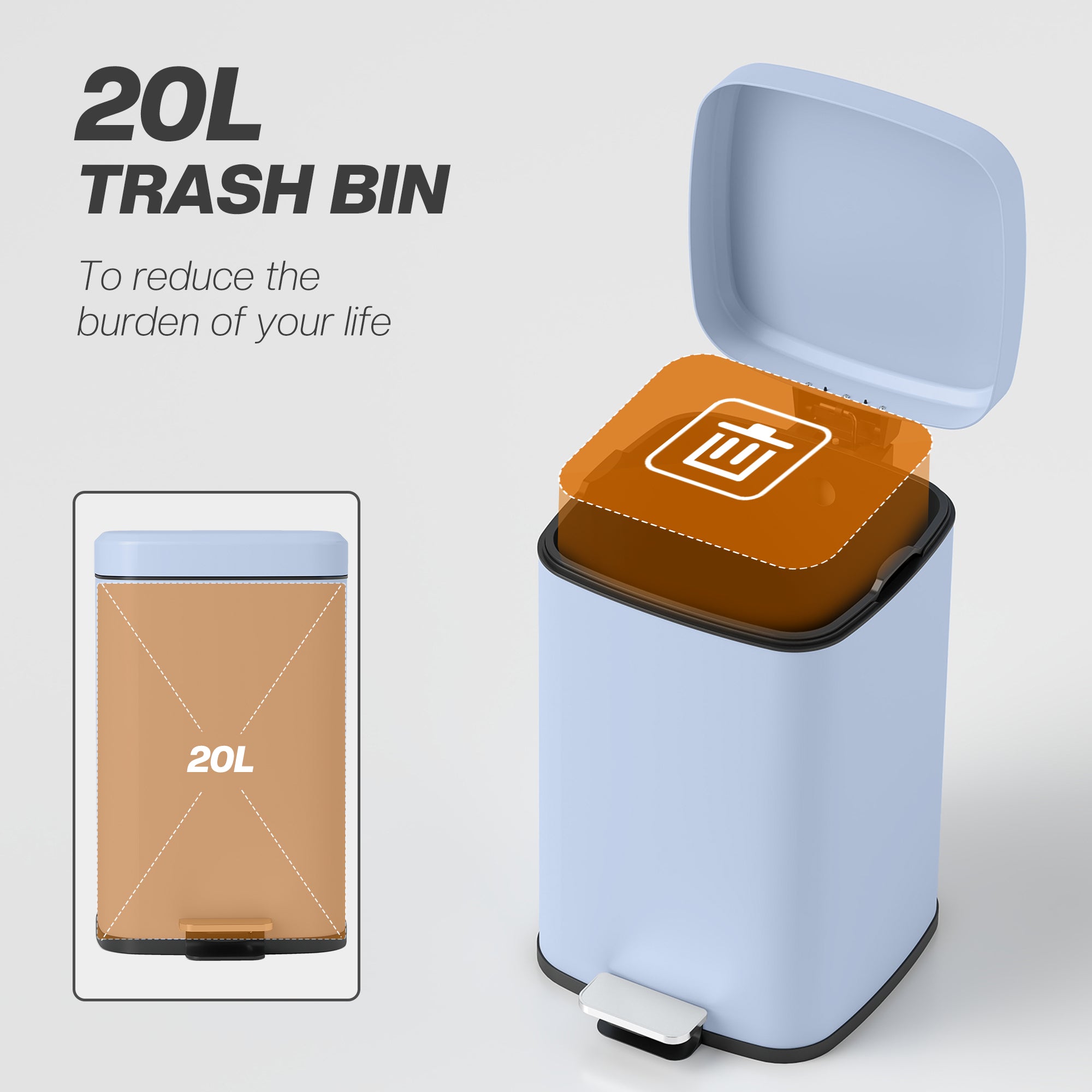 HOMCOM 20L Modern Boxy Metal Home Kitchen Bin - Light Blue