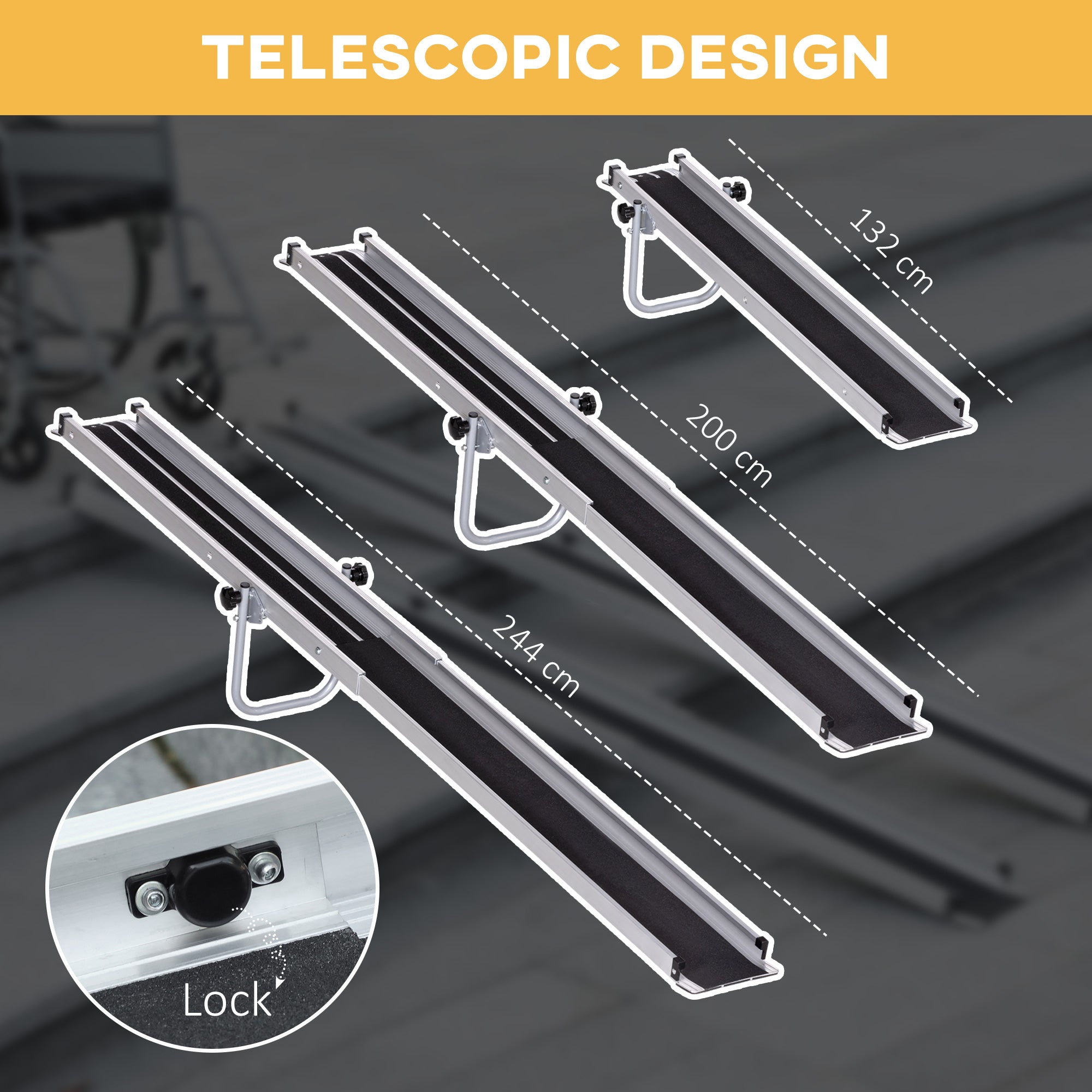 HOMCOM Set of Two 244cm Three-Level Aluminium Wheelchair Ramps