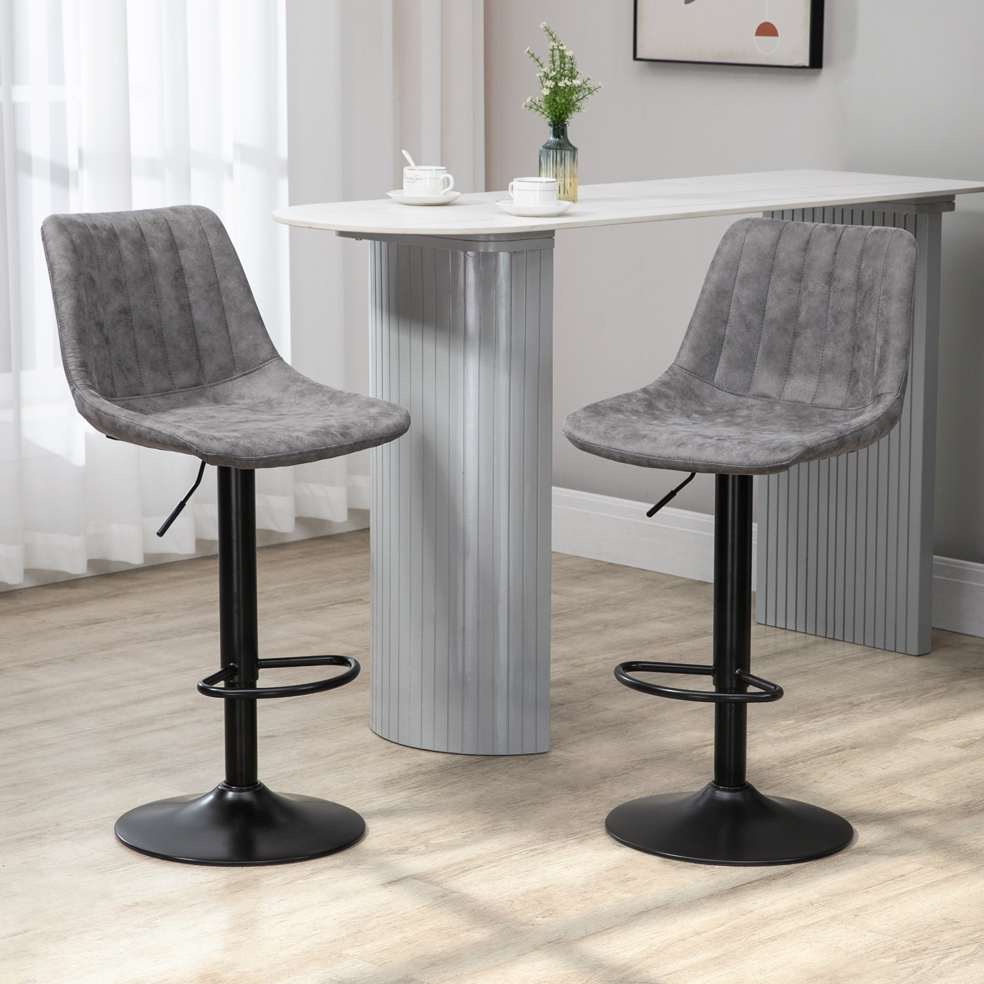 HOMCOM Modern Bar Stools Set of 2, Height Adjustable Swivel Bar Chairs with Backrest, Gas Lift and Footrest, Microfibre Barstools for Breakfast Counter, Kitchen Island, Grey
