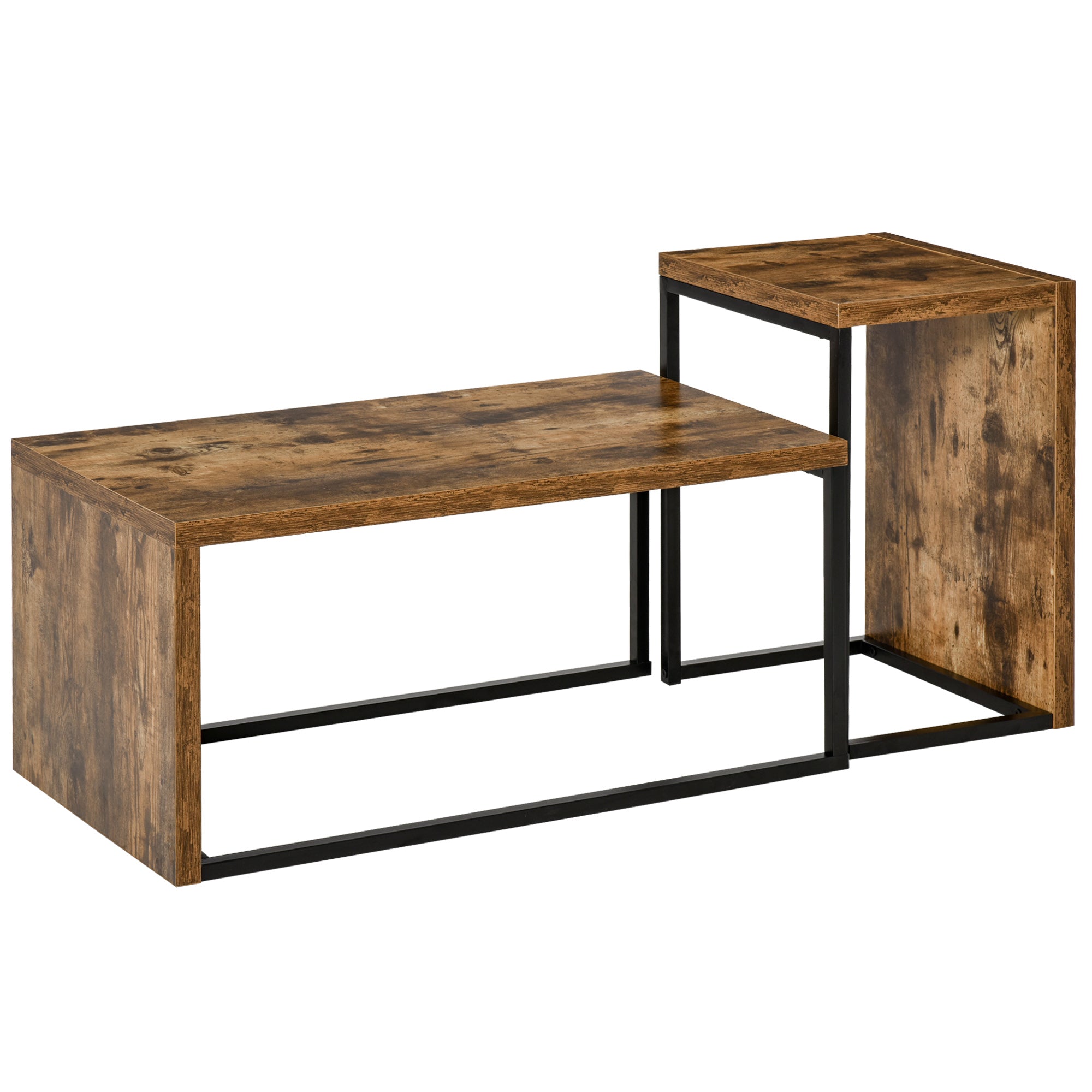 HOMCOM Coffee Tables Set of 2, Industrial Nest of Tables with Metal Frame for Living Room Bedroom, Rustic Brown