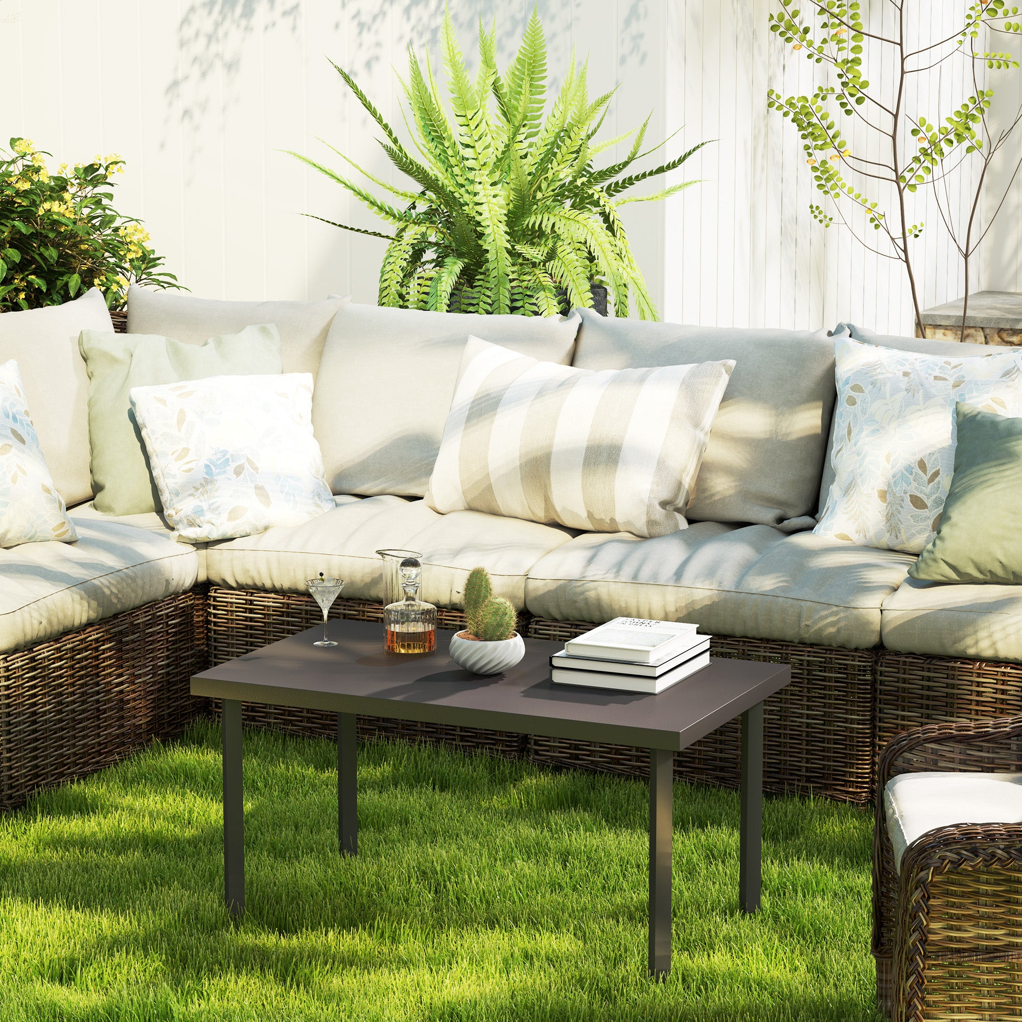 Outsunny Metal Garden Coffee Table, Rectangular Outdoor Side Table with Woodgrain Tabletop, Foot Pads for Outside, Garden, Balcony, Porch, 95 x 55 x 46cm, Brown