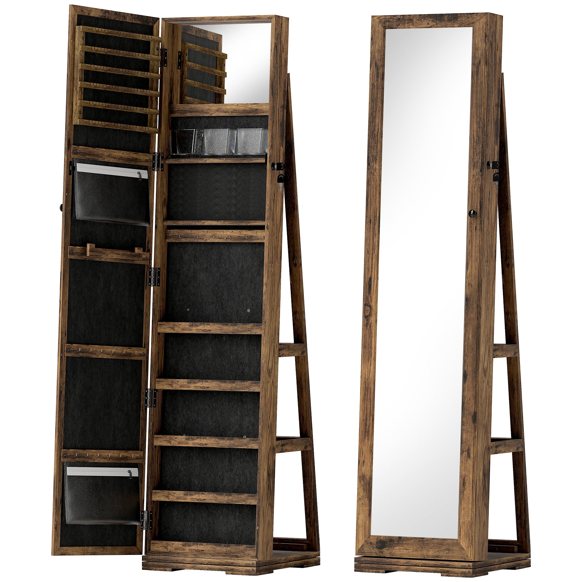 HOMCOM 360√Ç¬∞ Swivel Jewellery Cabinet, Free Standing Full Length Mirror with Storage, Lockable Jewellery Organiser with Built-in Makeup Mirror and Storage Shelves for Bedroom, Rustic Brown