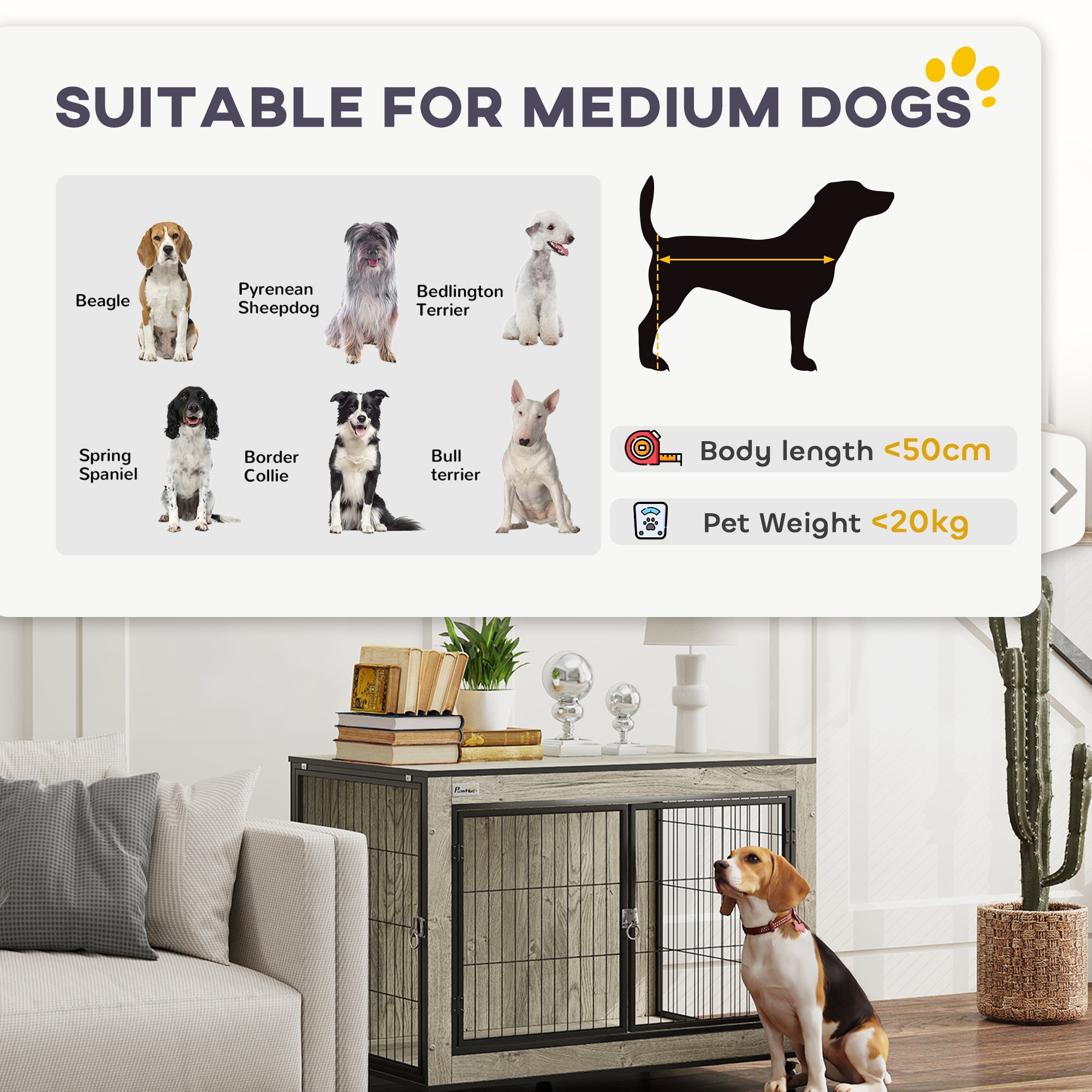 PawHut Dog Crate Furniture with Wheels, Double Doors, for Medium Dogs, Grey