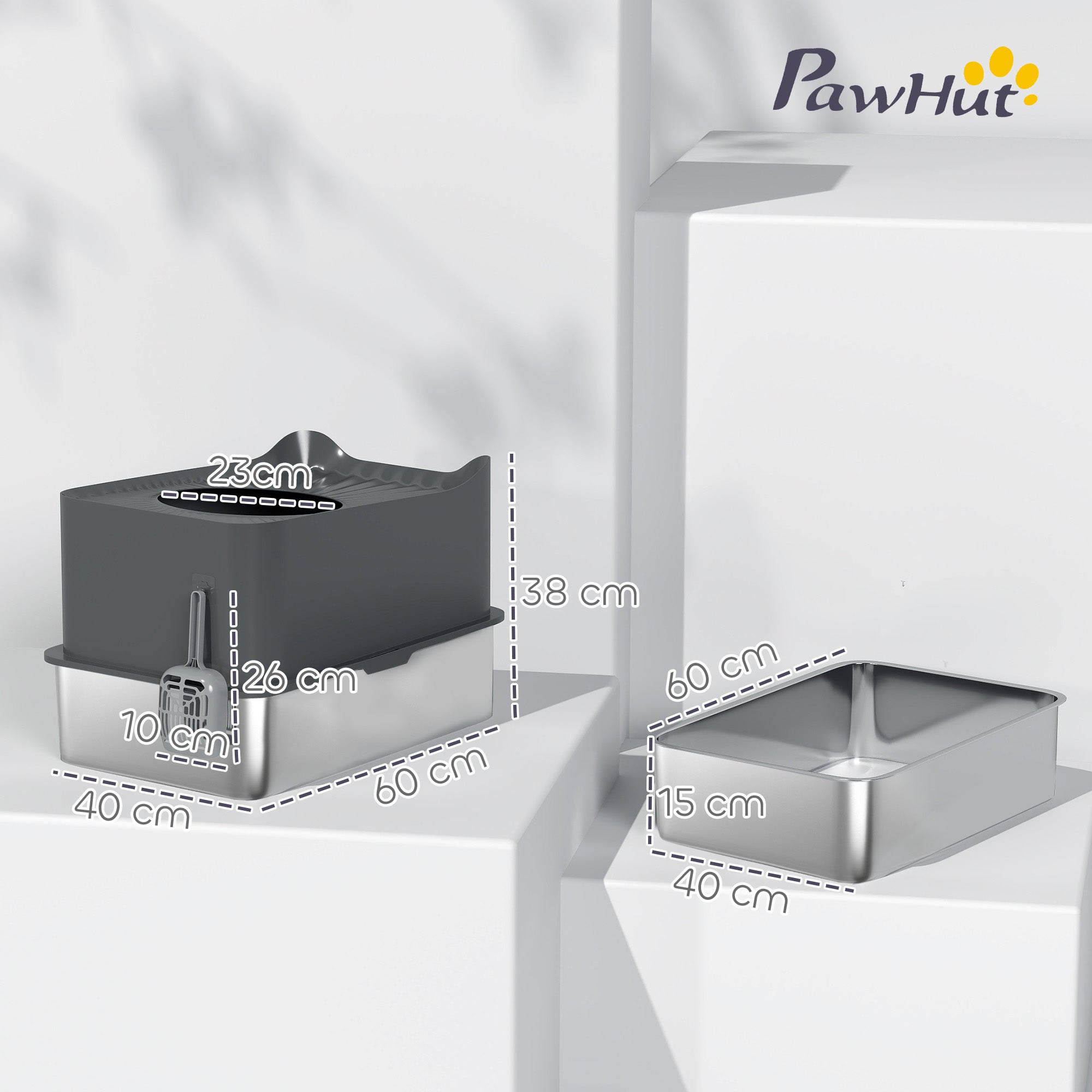 PawHut Stainless Steel Cat Litter Tray, Extra Large Enclosed Litter Box with Scoop, Top Entrance, Non-slip Pads, Dark Grey