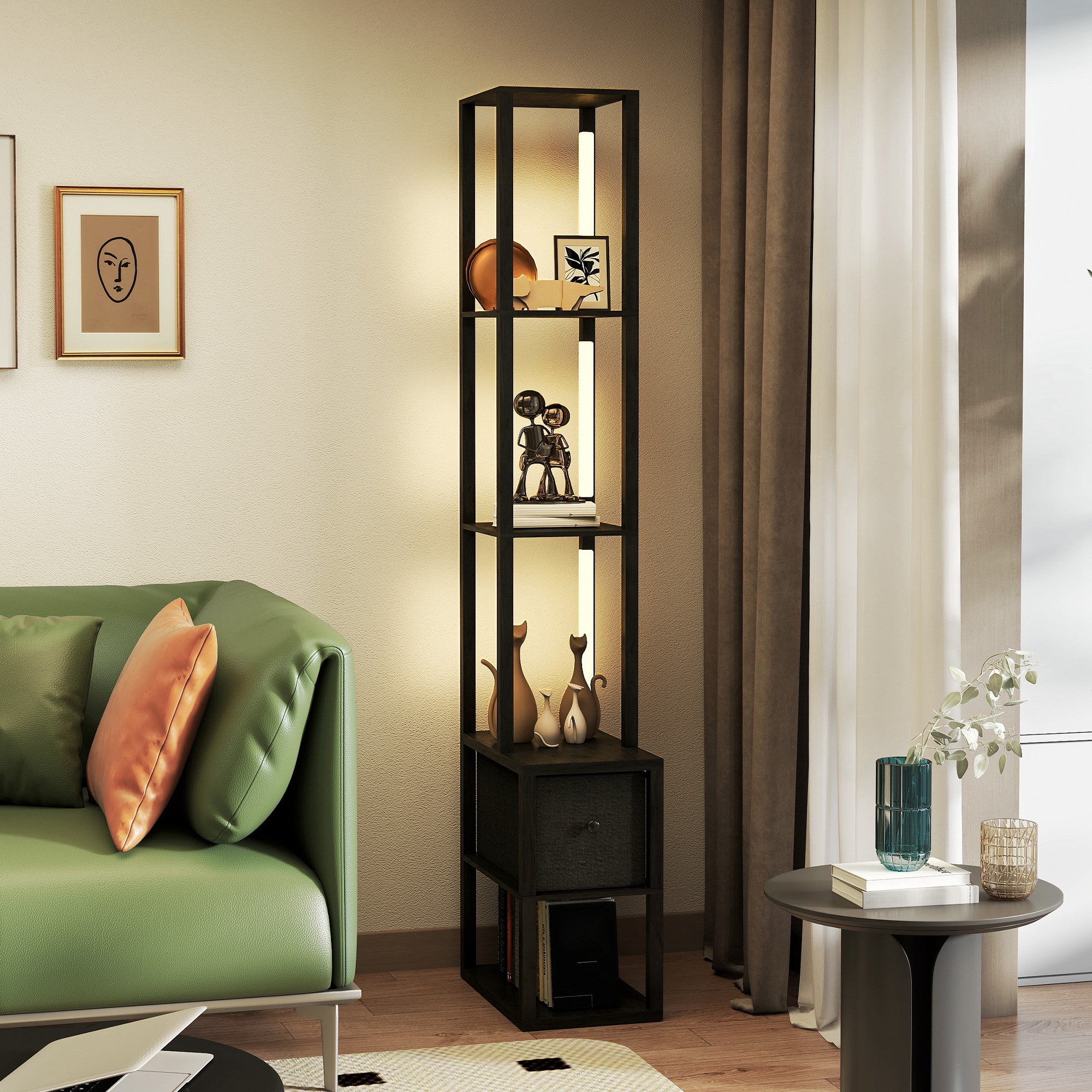 HOMCOM Floor Lamp with Shelves, LED Column Modern Standing Lamp with Fabric Drawer, Adjustable Brightness, Foot Switch for Living Room, Bedroom, Office, Black